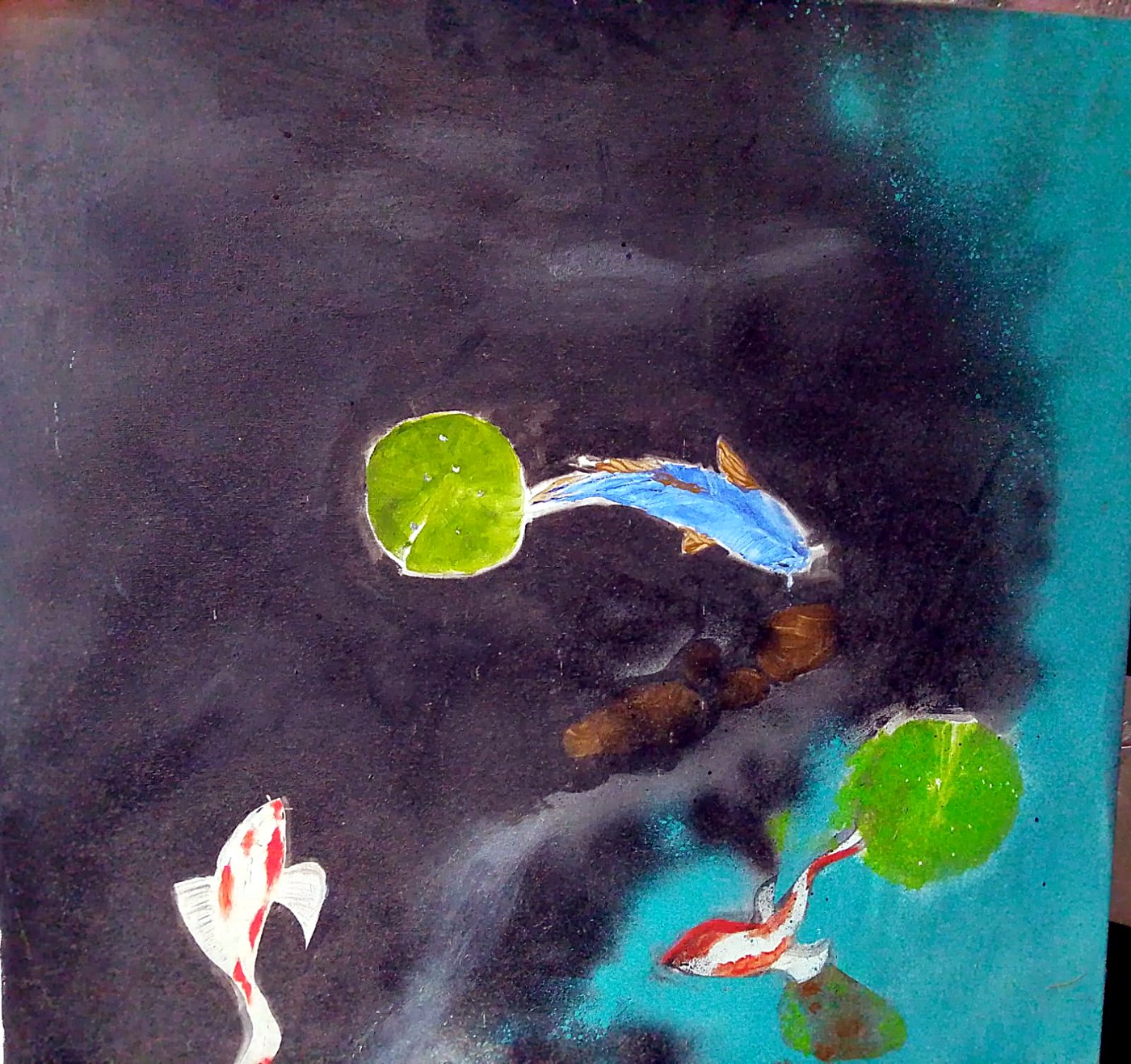 Tre carpe con piante di lotus, sfondo scuro